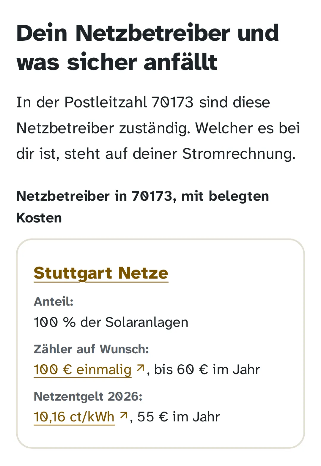 Screenshot des Ergebnisses für die Postleitzahl 70173: Stuttgart Netze, 100 Prozent der Solaranlagen, Zähler auf Wunsch 100 Euro einmalig und bis 60 Euro im Jahr, Netzentgelt 10,16 Cent je Kilowattstunde und 55 Euro im Jahr.