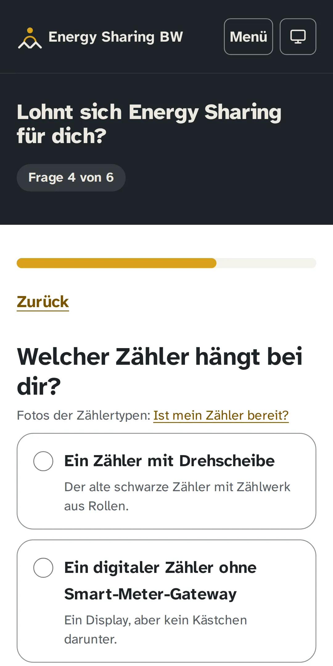 Screenshot einer Frage im Check auf dem Handy: Welcher Zähler hängt bei dir? Darunter Antworten zum Auswählen und ein Fortschrittsbalken bei Frage 4 von 6.
